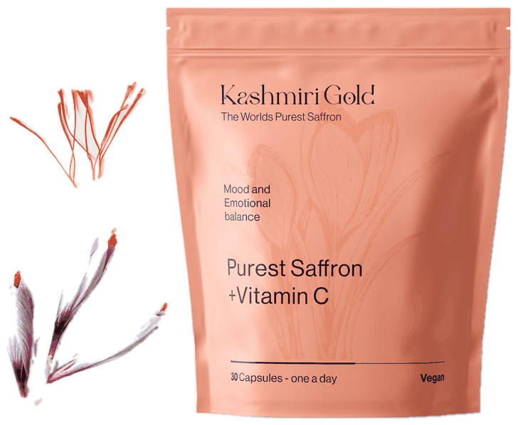 Kashmiri Gold Purest Saffron plus Vitamin C pouch beside saffron threads and crocus flowers