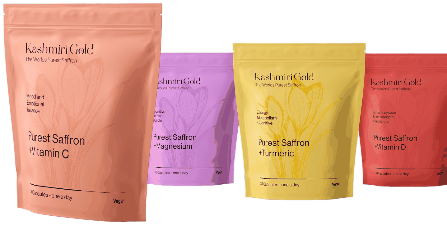 The four Kashmiri Gold saffron capsule pouches: Vitamin C, Magnesium, Turmeric and Vitamin D